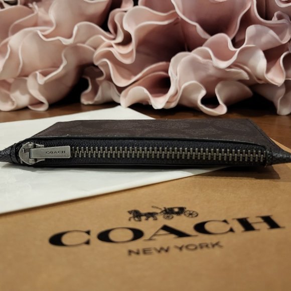 NWT COACH Men's Zip Card Case In Signature Canvas Black with Coach Gift Box. - Picture 3 of 5